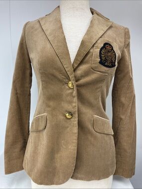 Lauren Ralph Lauren Tan Corduroy Blazer with Crest Patch, NWT Size 0